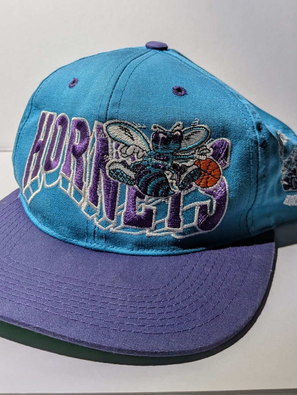 Vintage 90s Charlotte Hornets NBA Snapback Hat Teal Purple Green Basketball Cap